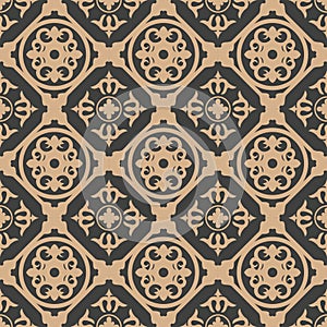 Vector damask seamless retro pattern background round check curve cross plant vine frame flower. Elegant luxury brown tone design