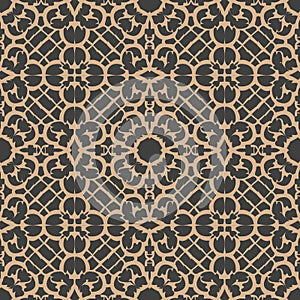 Vector damask seamless retro pattern background round cross lace flower frame kaleidoscope. Elegant luxury brown tone design for