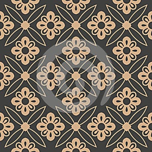 Vector damask seamless retro pattern background round curve cross flower petals frame. Elegant luxury brown tone design for