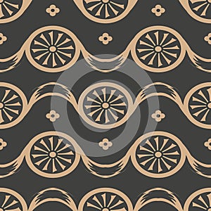 Vector damask seamless retro pattern background round curve cross flower ribbon frame kaleidoscope. Elegant luxury brown tone