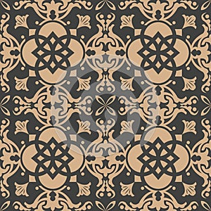 Vector damask seamless retro pattern background round curve cross frame leaf vine flower kaleidosocpe. Elegant luxury brown tone