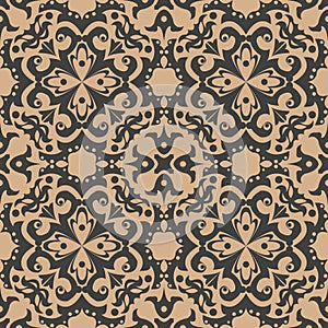 Vector damask seamless retro pattern background round spiral curve cross leaf flower kaleidoscope. Elegant luxury brown tone