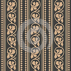 Vector damask seamless retro pattern background round spiral curve cross leaf vine geometry check frame line. Elegant luxury brown