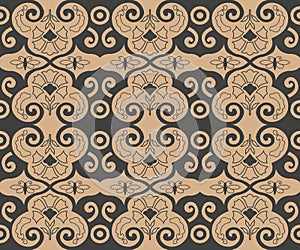 Vector damask seamless retro pattern background spiral curve cross botanic garden leaf flower vine frame. Elegant luxury brown