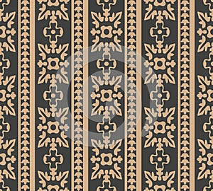 Vector damask seamless retro pattern background spiral curve cross flower crest. Elegant luxury brown tone design for wallpapers,