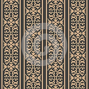 Vector damask seamless retro pattern background spiral curve cross frame chain leaf vine flower crest line. Elegant luxury brown