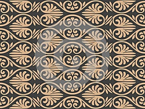 Vector damask seamless retro pattern background spiral curve cross frame leaf crest. Elegant luxury brown tone design for