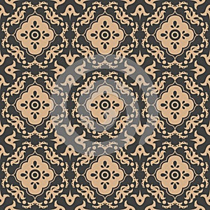 Vector damask seamless retro pattern background spiral curve cross frame vine leaf flower. Elegant luxury brown tone design for