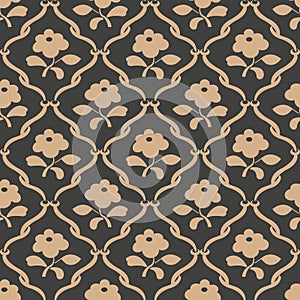 Vector damask seamless retro pattern background spiral curve cross frame vine leaf flower. Elegant luxury brown tone design for