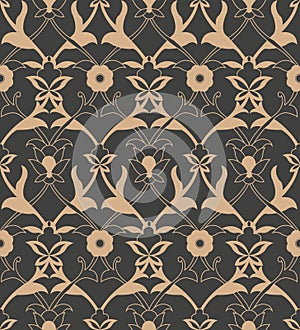 Vector damask seamless retro pattern background spiral curve cross frame vine leaf flower. Elegant luxury brown tone design for