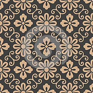 Vector damask seamless retro pattern background spiral curve cross frame vine leaf flower. Elegant luxury brown tone design for