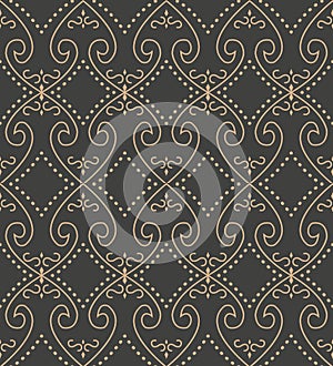 Vector damask seamless retro pattern background spiral curve cross heart frame chain dot line. Elegant luxury brown tone design