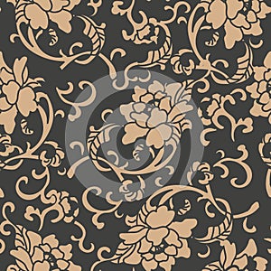 Vector damask seamless retro pattern background spiral curve cross leaf frame vine flower peony. Elegant luxury brown tone design