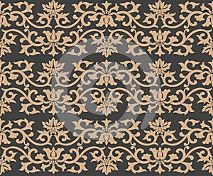 Vector damask seamless retro pattern background spiral curve cross leaf plant frame vine flower. Elegant luxury brown tone design