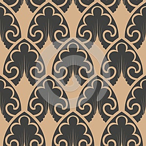 Vector damask seamless retro pattern background spiral curve cross nature leaf frame abstract. Elegant luxury brown tone design