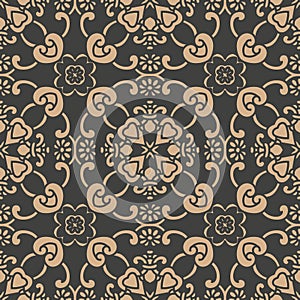 Vector damask seamless retro pattern background spiral curve cross oriental frame chain leaf vine flower. Elegant luxury brown