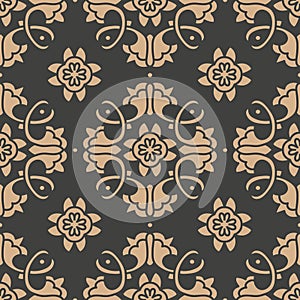 Vector damask seamless retro pattern background spiral curve cross oriental frame chain leaf vine flower. Elegant luxury brown