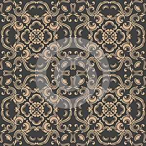 Vector damask seamless retro pattern background spiral curve cross oriental frame chain leaf vine flower. Elegant luxury brown