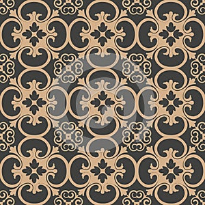 Vector damask seamless retro pattern background spiral curve cross plant leaf vine flower frame. Elegant luxury brown tone design