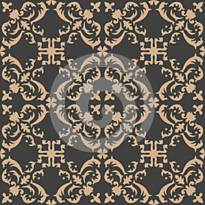 Vector damask seamless retro pattern background spiral curve cross plant leaf vine frame flower. Elegant luxury brown tone design