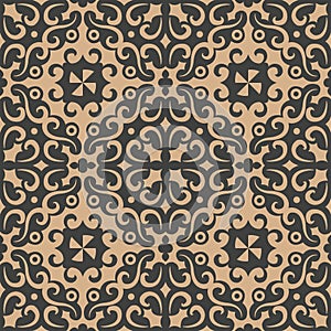 Vector damask seamless retro pattern background spiral curve cross vine flower kaleidoscope. Elegant luxury brown tone design for