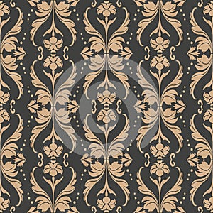 Vector damask seamless retro pattern background spiral curve wave cross leaf frame flower dot line. Elegant luxury brown tone