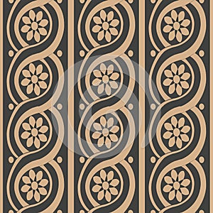 Vector damask seamless retro pattern background spiral round curve cross frame line flower. Elegant luxury brown tone design for