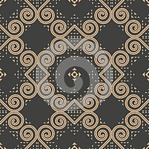 Vector damask seamless retro pattern background spiral round vortex cross frame vine halftone kaleidoscope. Elegant luxury brown