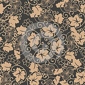 Vector damask seamless retro pattern background spiral vortex cross frame vine leaf flower gourd. Elegant luxury brown tone design