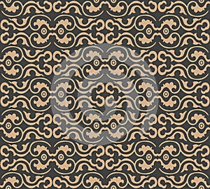 Vector damask seamless retro pattern background spiral vortex curve cross oriental frame chain crest. Elegant luxury brown tone