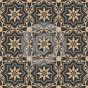 Vector damask seamless retro pattern background star cross frame line leaf vine flower. Elegant luxury brown tone design for