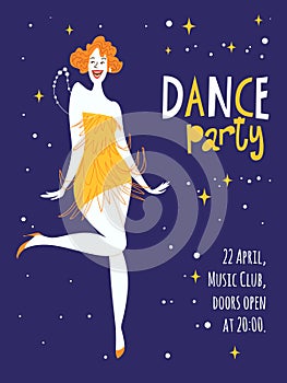 Vector dance party posters. With cute dancing girl.