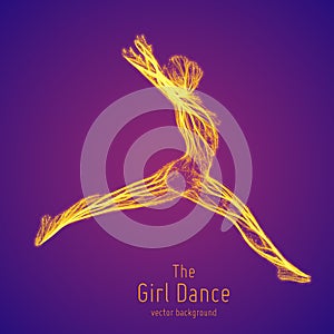 Vector dancing girl in a jump constructed with lines and glowing particles. Elegant flying dancing pose. Concept of