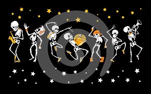 Vector dancing and musical skeletons Haloween set collection. Great for spooky fun party themed designs, gifts