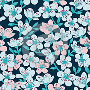 Vector dark blue cyan background with light blue and light red cherry blossom sakura flowers seamless pattern background