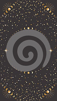 Vector dark celestial background with a round copy space. Golden astrological frame with stars and moon phases on a black