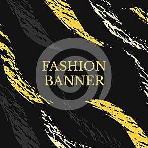 Vector dark grunge banner. Abstract stripes with texture. Urban art style. Trendy background in bright yellow color on black