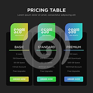 Vector dark pricing table design presentation