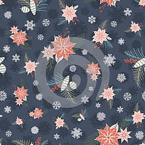 Vector dark winter Christmas foliage ornaments seamless pattern. Elegant retro doodle style holiday season print background design