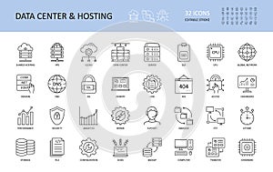 Vector data center and hosting icons. Editable Stroke. Server shared hosting domain VPS SSD SSL DNS CPU. FTP database global photo