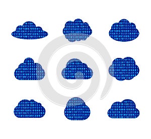 Vector Data Cloud Set Isolated, Binary Code Textured Clouds, Technology Signs Collection.