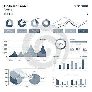 Vector data dashboard featuring various charts and graphs. Includes pie charts, line