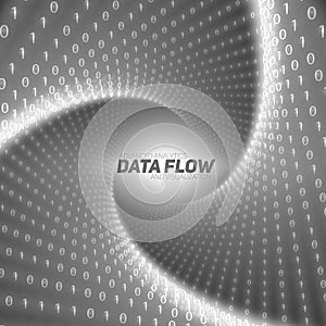 Vector data flow visualization. Black flow of big data as binary numbers strings twisted in tunnel.
