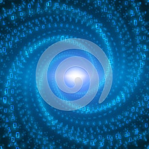 Vector data flow visualization. Blue big data flow as binary numbers strings twisted in infinity tunnel.