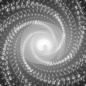 Vector data flow visualization.Grayscale big data flow as binary numbers strings twisted in infinity tunnel.