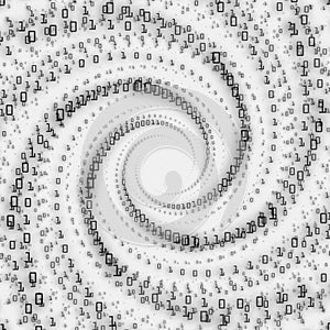 Vector data flow visualization.Grayscale big data flow as binary numbers strings twisted in infinity tunnel.