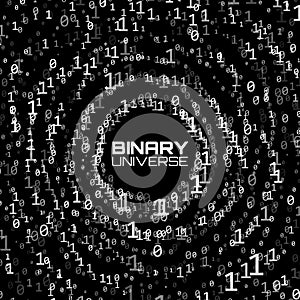Vector data flow visualization. Grayscale big data flow as binary numbers strings twisted in infinity tunnel.