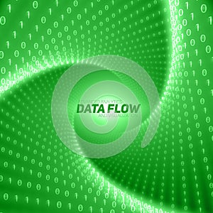 Vector data flow visualization. Green flow of big data as binary numbers strings twisted in tunnel.