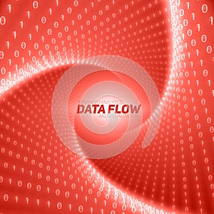 Vector data flow visualization. Red flow of big data as binary numbers strings twisted in tunnel.
