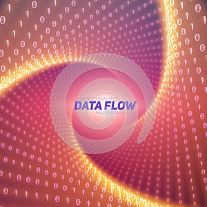 Vector data flow visualization. Red flow of big data as binary numbers strings twisted in tunnel.
